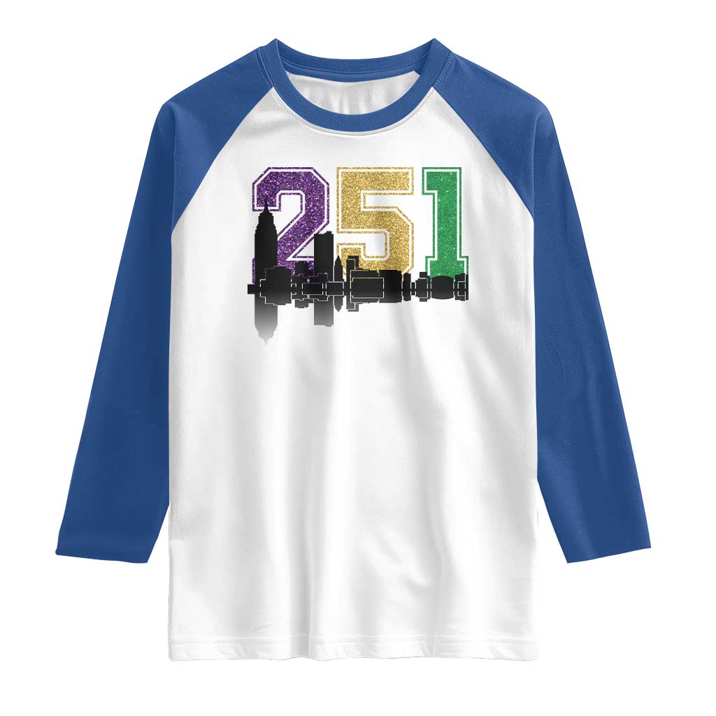 Funny Mardi Gras Mobile Alabama Raglan Shirt 251 Skyline Area Code Glitter Print TS11 White Royal Print Your Wear