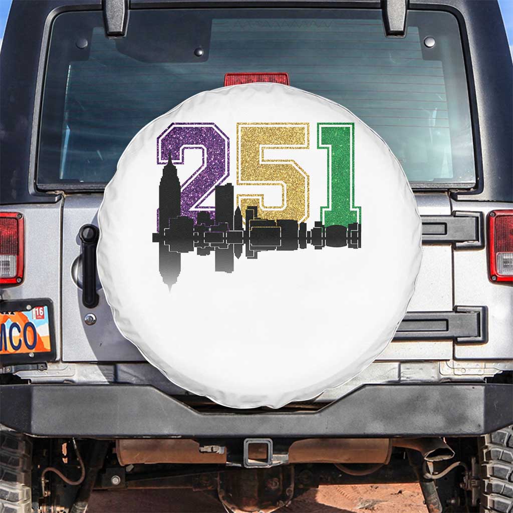 Funny Mardi Gras Mobile Alabama Spare Tire Cover 251 Skyline Area Code Glitter Print TS11 No hole White Print Your Wear