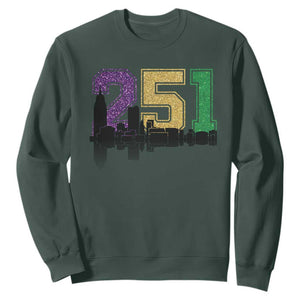 Funny Mardi Gras Mobile Alabama Sweatshirt 251 Skyline Area Code Glitter Print TS11 Dark Forest Green Print Your Wear