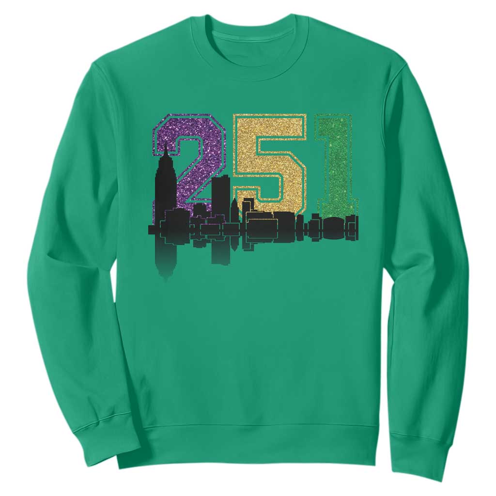 Funny Mardi Gras Mobile Alabama Sweatshirt 251 Skyline Area Code Glitter Print TS11 Irish Green Print Your Wear