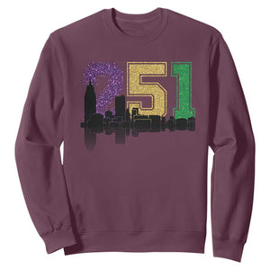 Funny Mardi Gras Mobile Alabama Sweatshirt 251 Skyline Area Code Glitter Print TS11 Maroon Print Your Wear