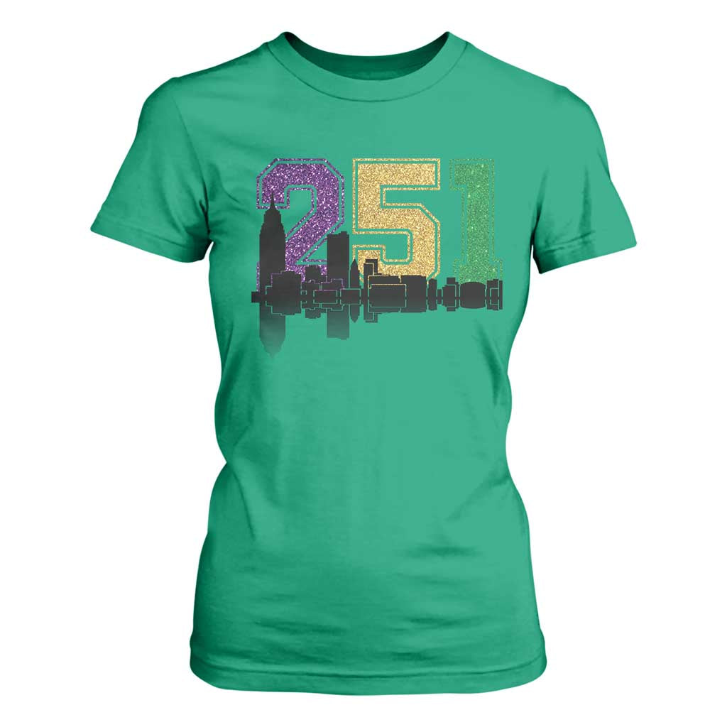Funny Mardi Gras Mobile Alabama T Shirt For Women 251 Skyline Area Code Glitter Print TS11 Irish Green Print Your Wear