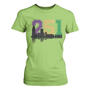 Funny Mardi Gras Mobile Alabama T Shirt For Women 251 Skyline Area Code Glitter Print TS11 Lime Print Your Wear