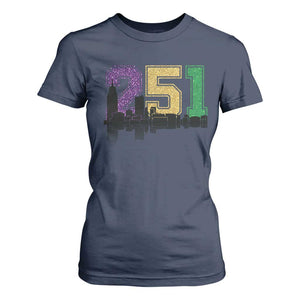 Funny Mardi Gras Mobile Alabama T Shirt For Women 251 Skyline Area Code Glitter Print TS11 Navy Print Your Wear