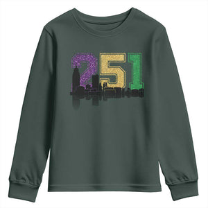 Funny Mardi Gras Mobile Alabama Youth Sweatshirt 251 Skyline Area Code Glitter Print TS11 Dark Forest Green Print Your Wear