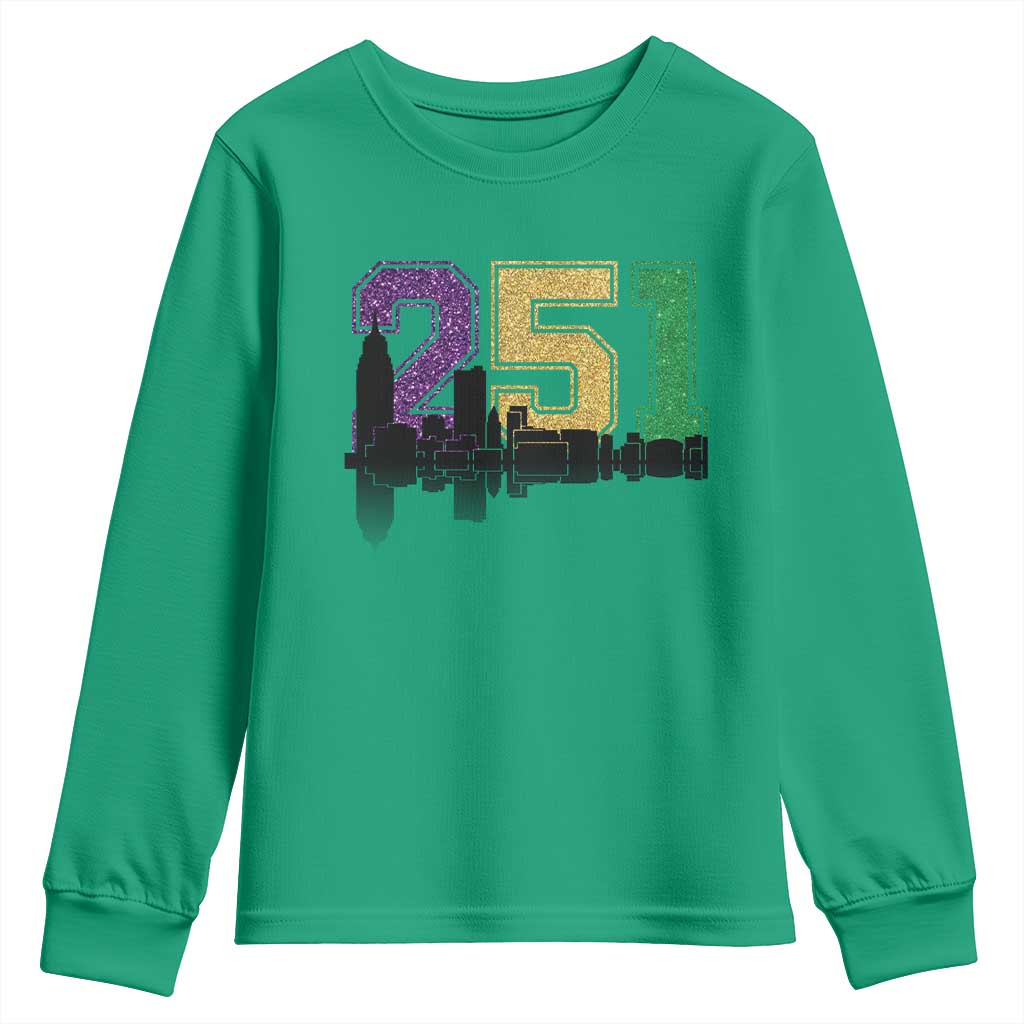 Funny Mardi Gras Mobile Alabama Youth Sweatshirt 251 Skyline Area Code Glitter Print TS11 Irish Green Print Your Wear