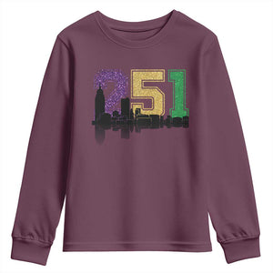 Funny Mardi Gras Mobile Alabama Youth Sweatshirt 251 Skyline Area Code Glitter Print TS11 Maroon Print Your Wear