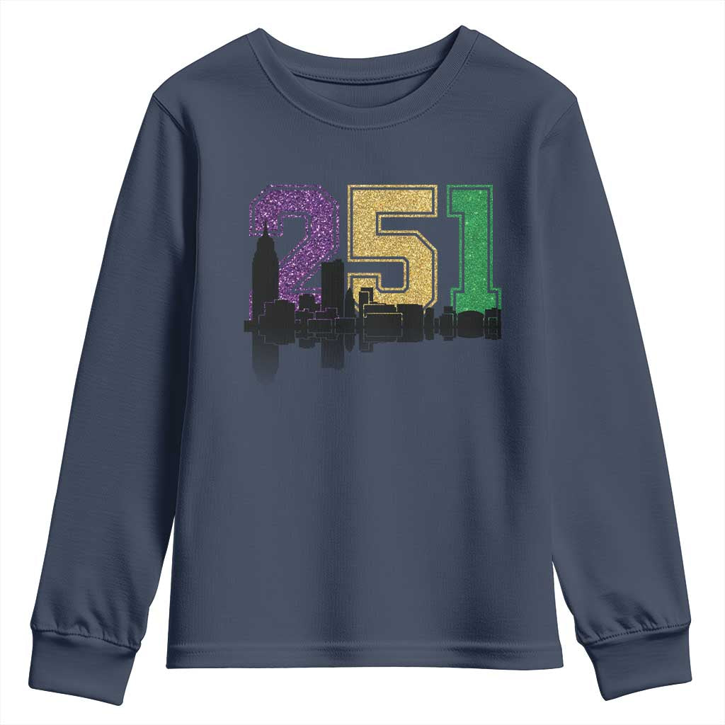 Funny Mardi Gras Mobile Alabama Youth Sweatshirt 251 Skyline Area Code Glitter Print TS11 Navy Print Your Wear