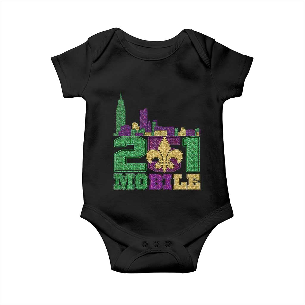 Funny Mardi Gras Mobile Alabama 251 Baby Onesie Skyline Area Code Glitter Print TS11 Black Print Your Wear