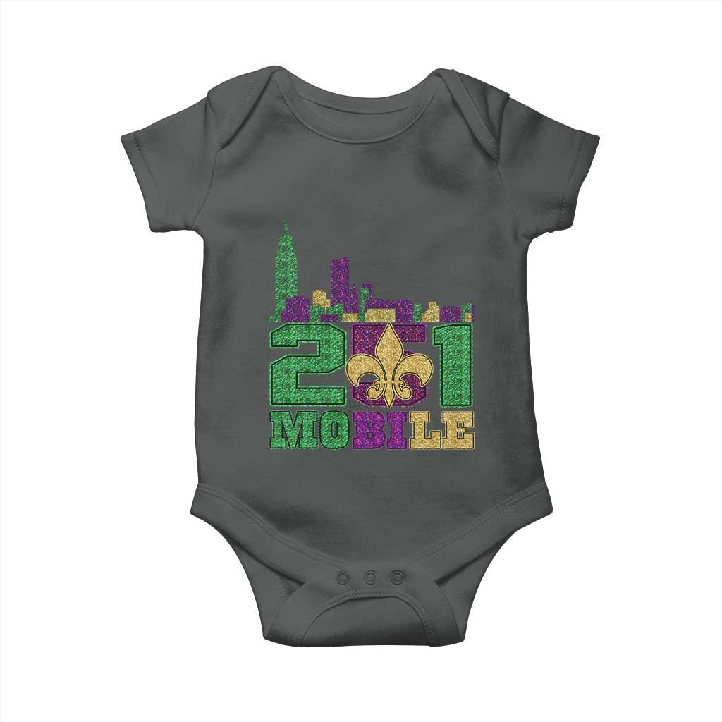 Funny Mardi Gras Mobile Alabama 251 Baby Onesie Skyline Area Code Glitter Print TS11 Dark Heather Print Your Wear