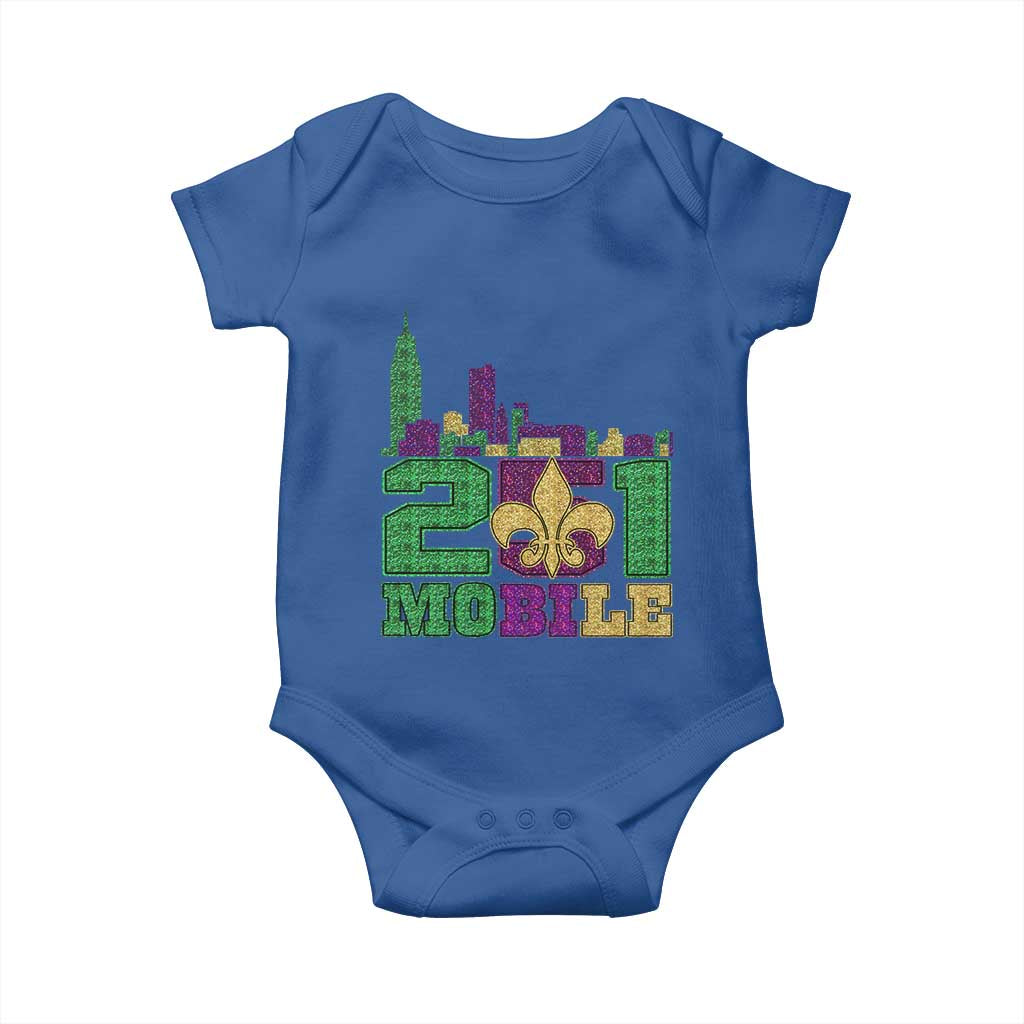 Funny Mardi Gras Mobile Alabama 251 Baby Onesie Skyline Area Code Glitter Print TS11 Royal Blue Print Your Wear