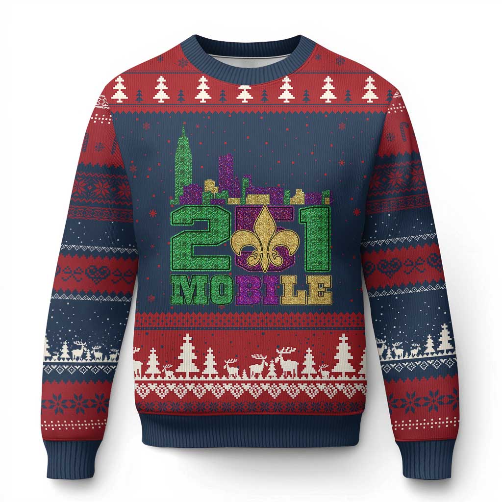 Funny Mardi Gras Mobile Alabama 251 Ugly Christmas Sweater Skyline Area Code Glitter Print TS11 Navy Red Print Your Wear