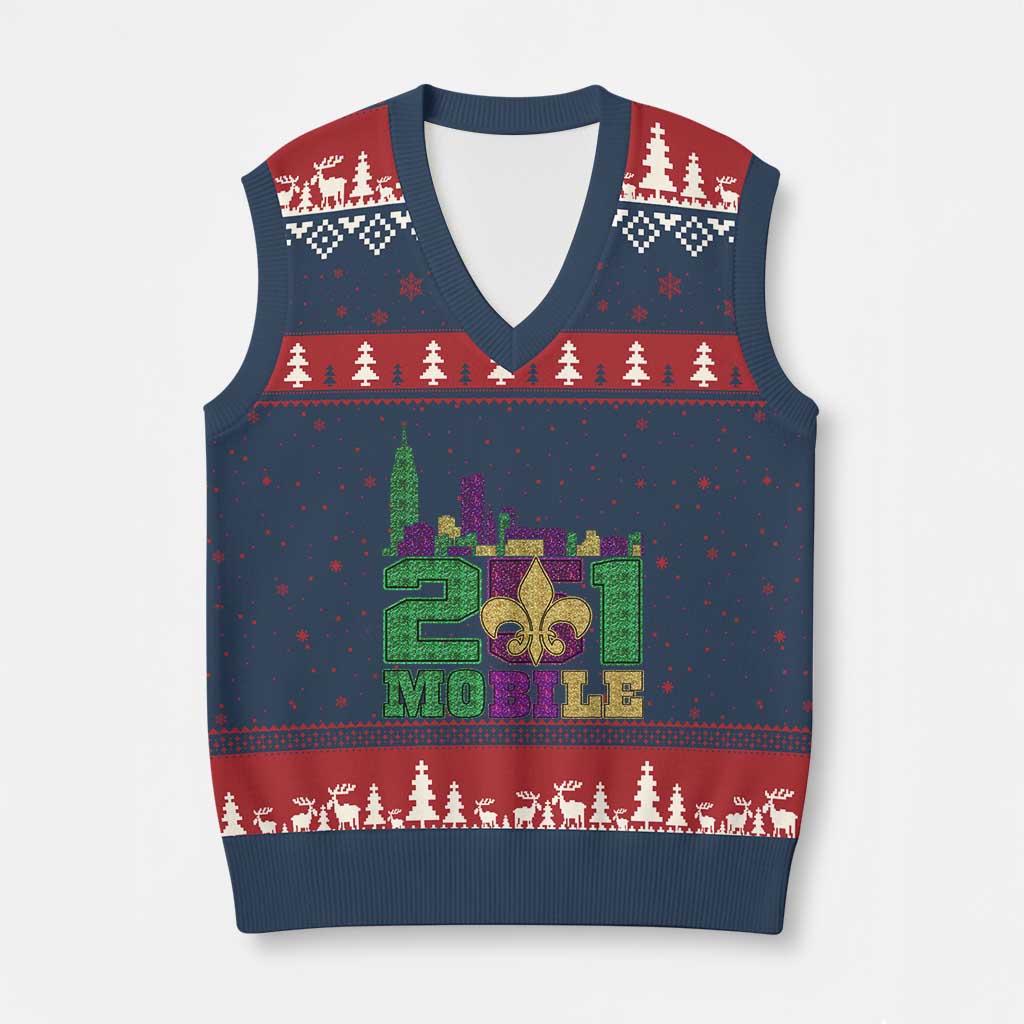 Funny Mardi Gras Mobile Alabama 251 V-Neck Knit Sweater Vest Skyline Area Code Glitter Print TS11 Navy Red Print Your Wear