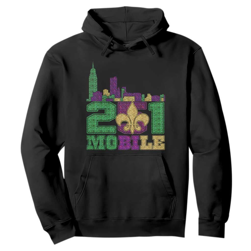 Funny Mardi Gras Mobile Alabama 251 Hoodie Skyline Area Code Glitter Print TS11 Black Print Your Wear