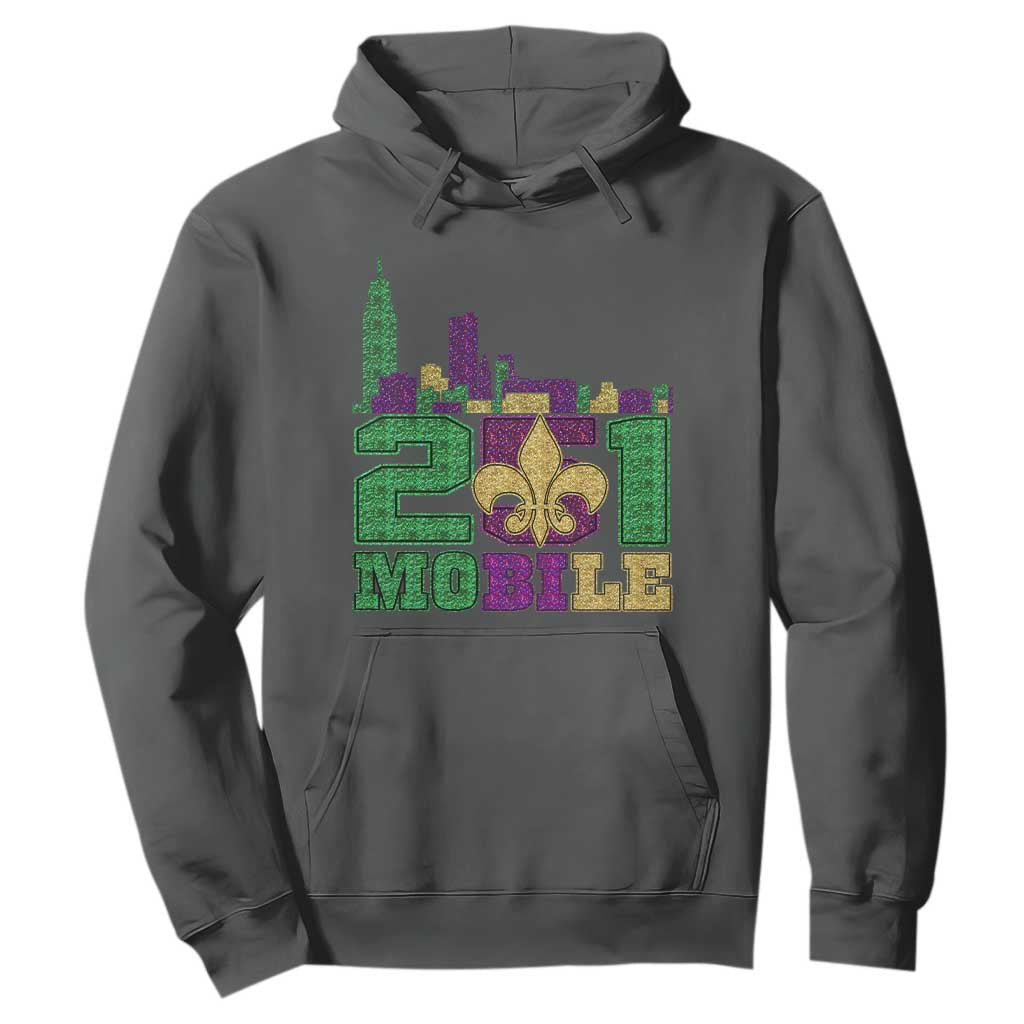 Funny Mardi Gras Mobile Alabama 251 Hoodie Skyline Area Code Glitter Print TS11 Dark Heather Print Your Wear