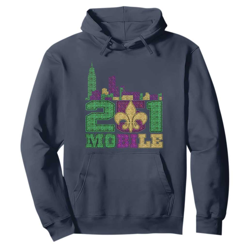 Funny Mardi Gras Mobile Alabama 251 Hoodie Skyline Area Code Glitter Print TS11 Navy Print Your Wear