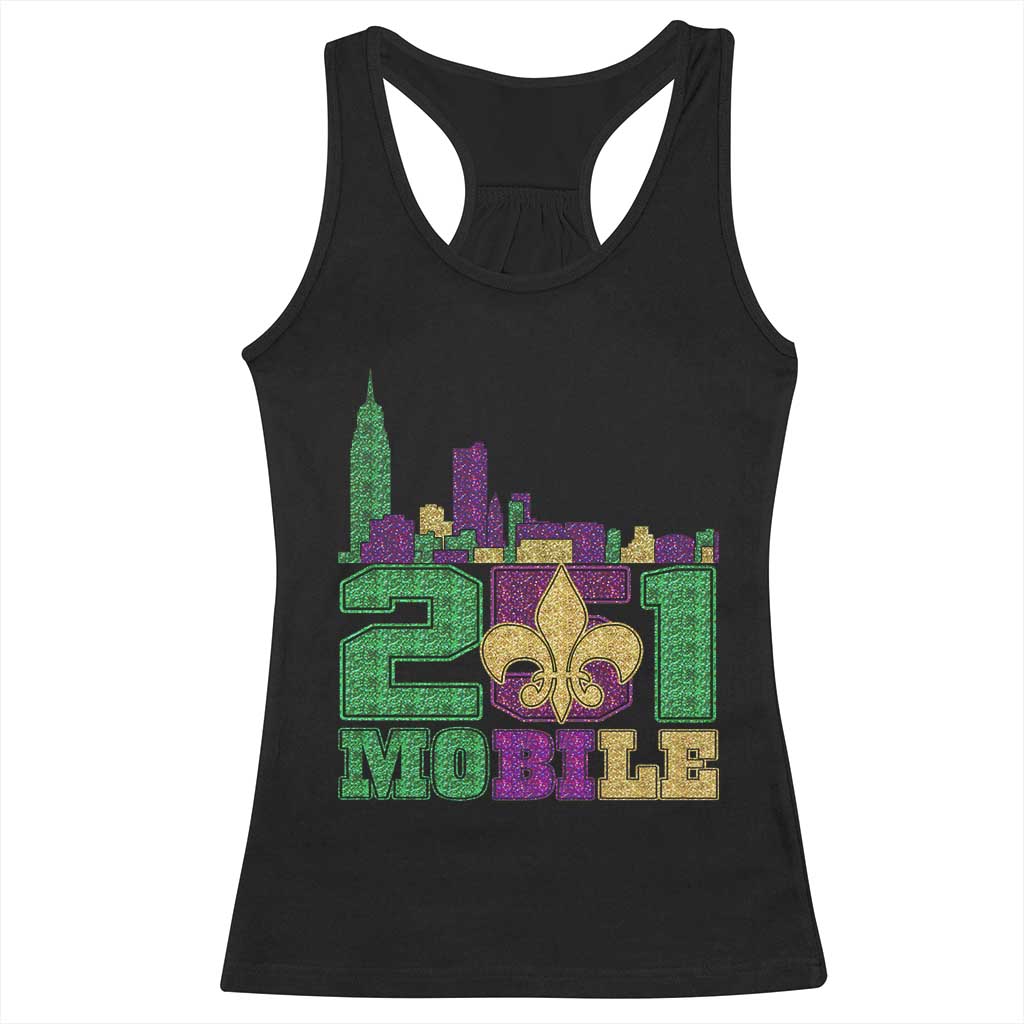 Funny Mardi Gras Mobile Alabama 251 Racerback Tank Top Skyline Area Code Glitter Print TS11 Black Print Your Wear