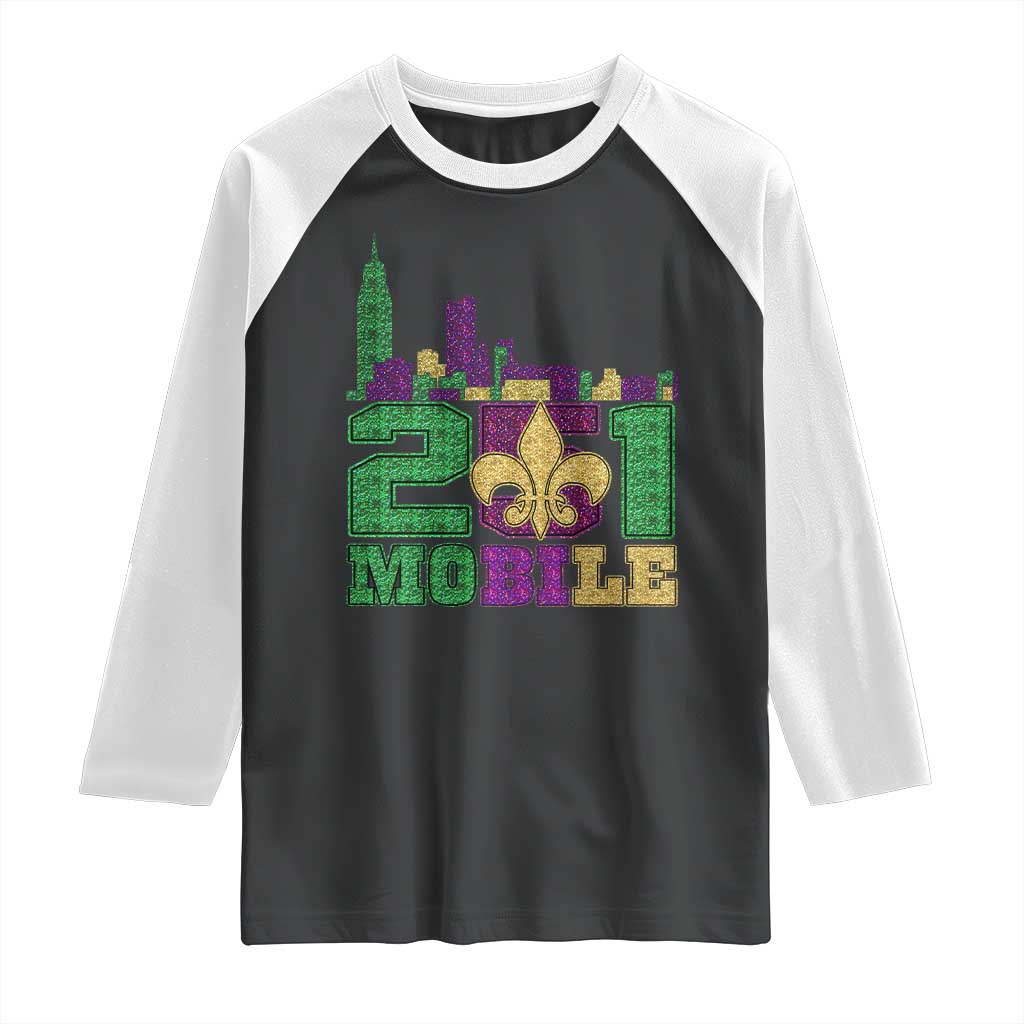 Funny Mardi Gras Mobile Alabama 251 Raglan Shirt Skyline Area Code Glitter Print TS11 Black White Print Your Wear
