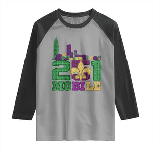 Funny Mardi Gras Mobile Alabama 251 Raglan Shirt Skyline Area Code Glitter Print TS11 Sport Gray Black Print Your Wear