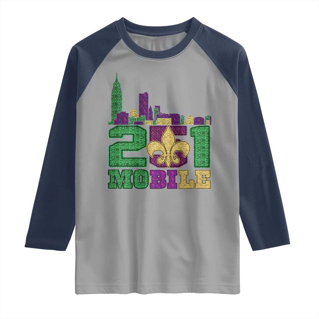 Funny Mardi Gras Mobile Alabama 251 Raglan Shirt Skyline Area Code Glitter Print TS11 Sport Gray Navy Print Your Wear