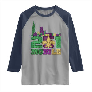 Funny Mardi Gras Mobile Alabama 251 Raglan Shirt Skyline Area Code Glitter Print TS11 Sport Gray Navy Print Your Wear