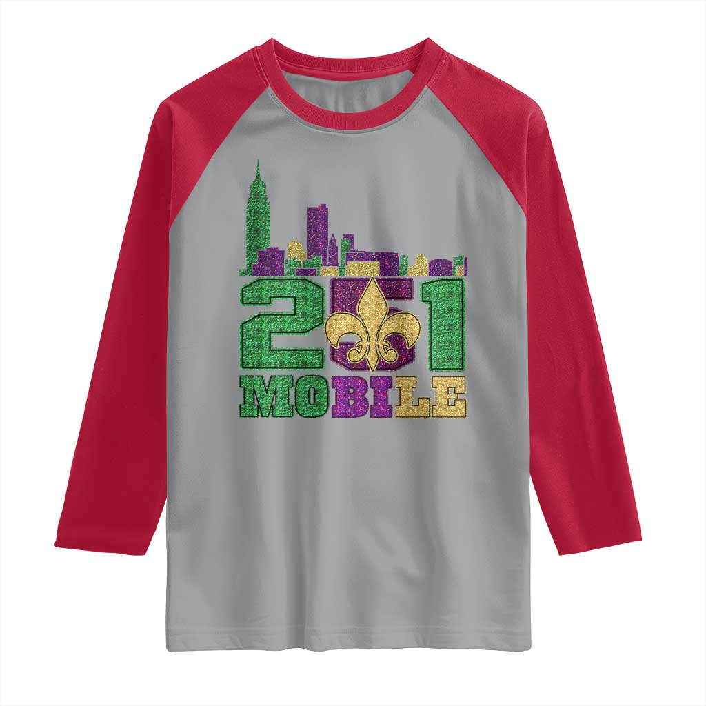 Funny Mardi Gras Mobile Alabama 251 Raglan Shirt Skyline Area Code Glitter Print TS11 Sport Gray Red Print Your Wear