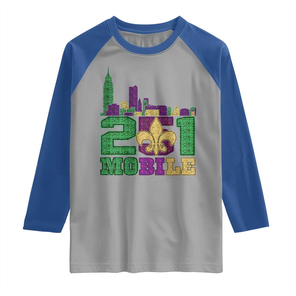 Funny Mardi Gras Mobile Alabama 251 Raglan Shirt Skyline Area Code Glitter Print TS11 Sport Gray Royal Print Your Wear