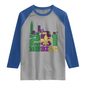 Funny Mardi Gras Mobile Alabama 251 Raglan Shirt Skyline Area Code Glitter Print TS11 Sport Gray Royal Print Your Wear