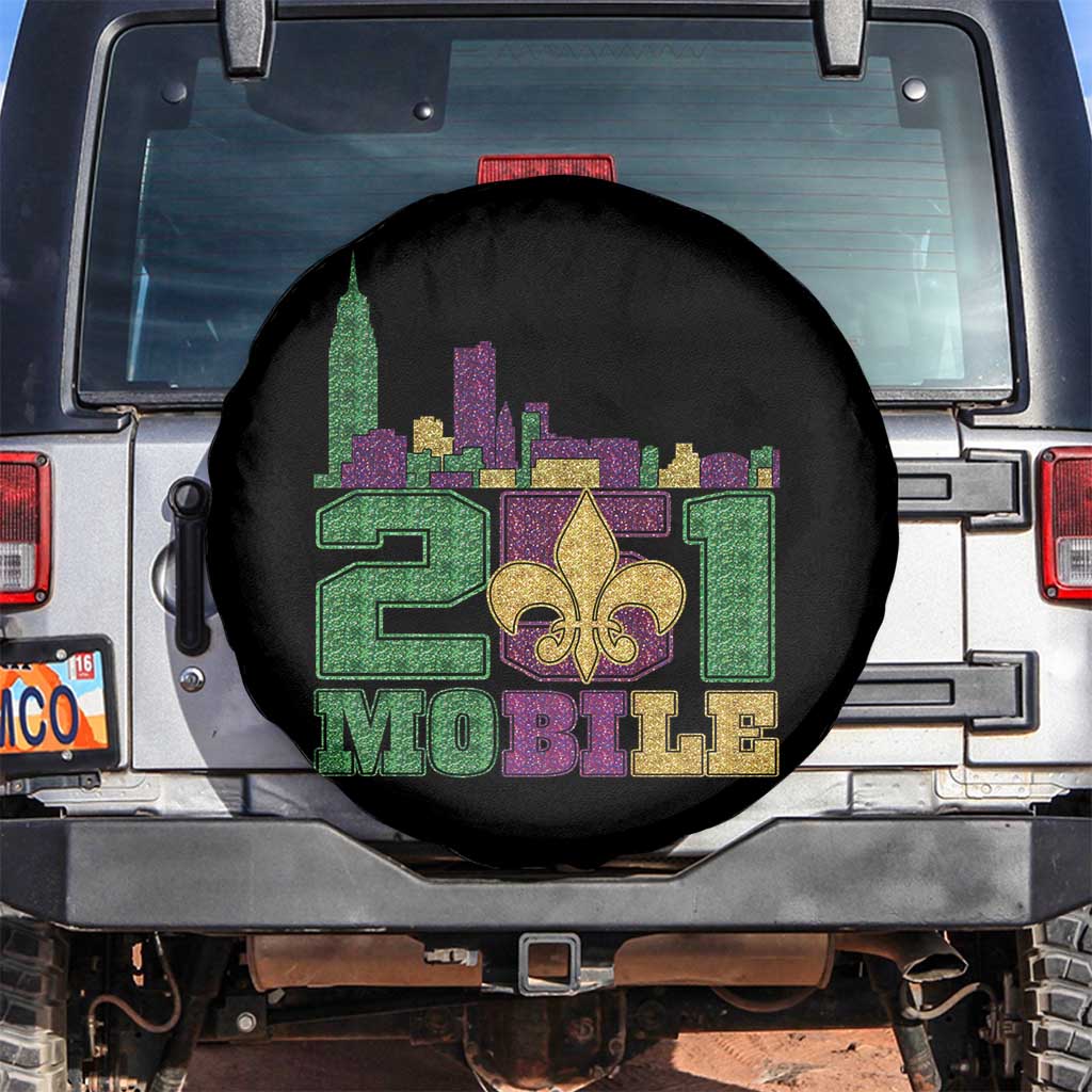 Funny Mardi Gras Mobile Alabama 251 Spare Tire Cover Skyline Area Code Glitter Print TS11 No hole Black Print Your Wear