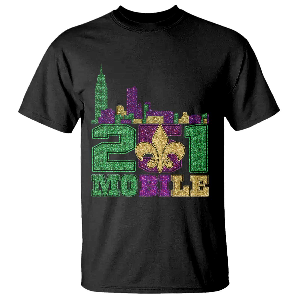 Funny Mardi Gras Mobile Alabama 251 T Shirt Skyline Area Code Glitter Print TS11 Black Print Your Wear