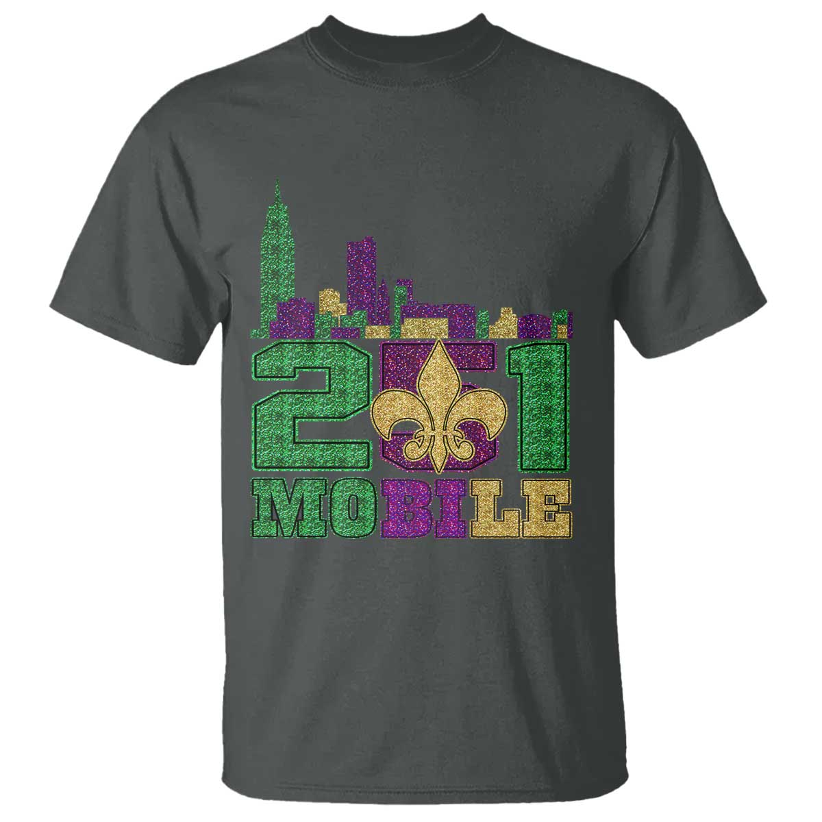 Funny Mardi Gras Mobile Alabama 251 T Shirt Skyline Area Code Glitter Print TS11 Dark Heather Print Your Wear