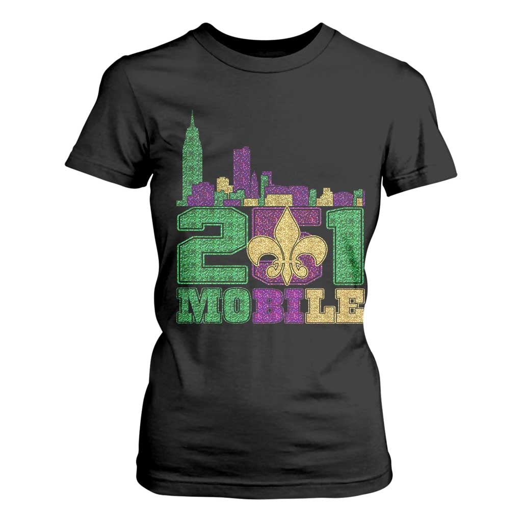 Funny Mardi Gras Mobile Alabama 251 T Shirt For Women Skyline Area Code Glitter Print TS11 Black Print Your Wear