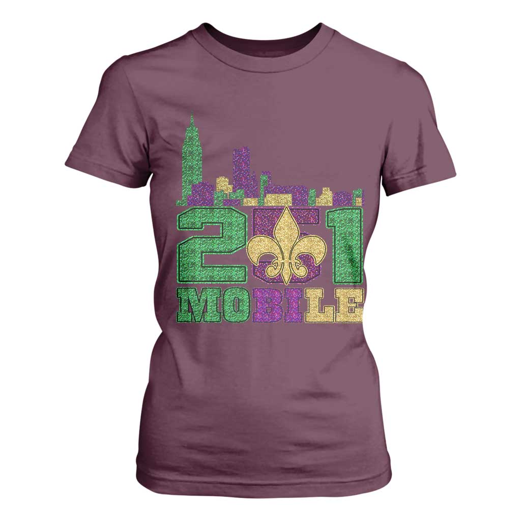 Funny Mardi Gras Mobile Alabama 251 T Shirt For Women Skyline Area Code Glitter Print TS11 Maroon Print Your Wear