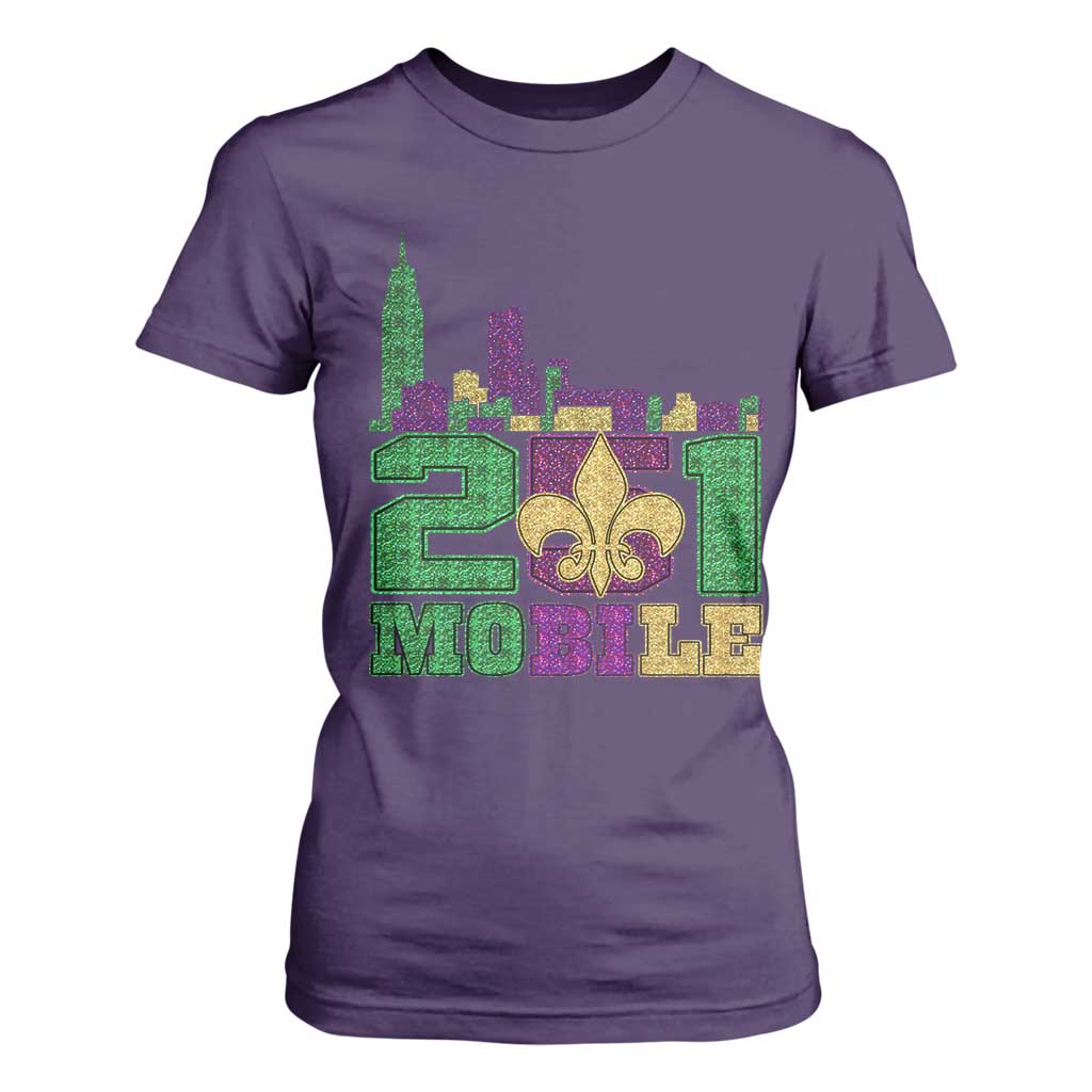 Funny Mardi Gras Mobile Alabama 251 T Shirt For Women Skyline Area Code Glitter Print TS11 Purple Print Your Wear