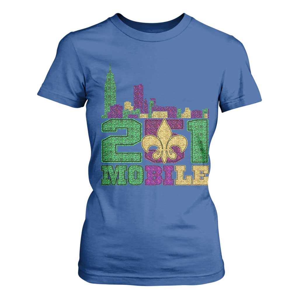 Funny Mardi Gras Mobile Alabama 251 T Shirt For Women Skyline Area Code Glitter Print TS11 Royal Blue Print Your Wear