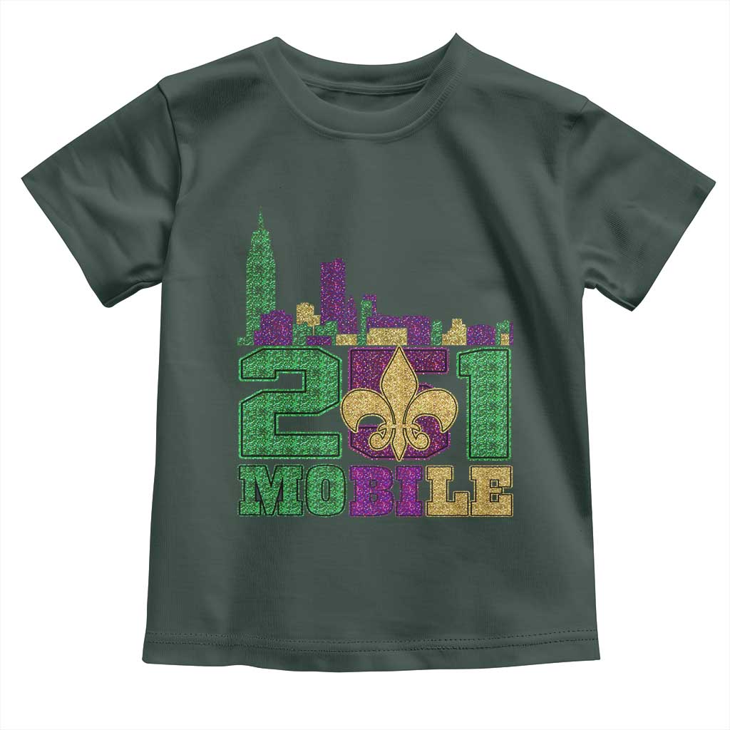 Funny Mardi Gras Mobile Alabama 251 Toddler T Shirt Skyline Area Code Glitter Print TS11 Dark Forest Green Print Your Wear