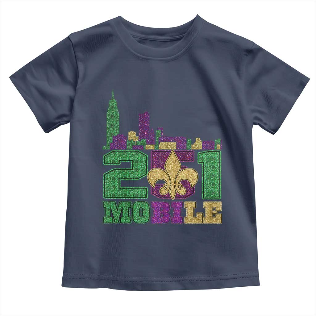 Funny Mardi Gras Mobile Alabama 251 Toddler T Shirt Skyline Area Code Glitter Print TS11 Navy Print Your Wear