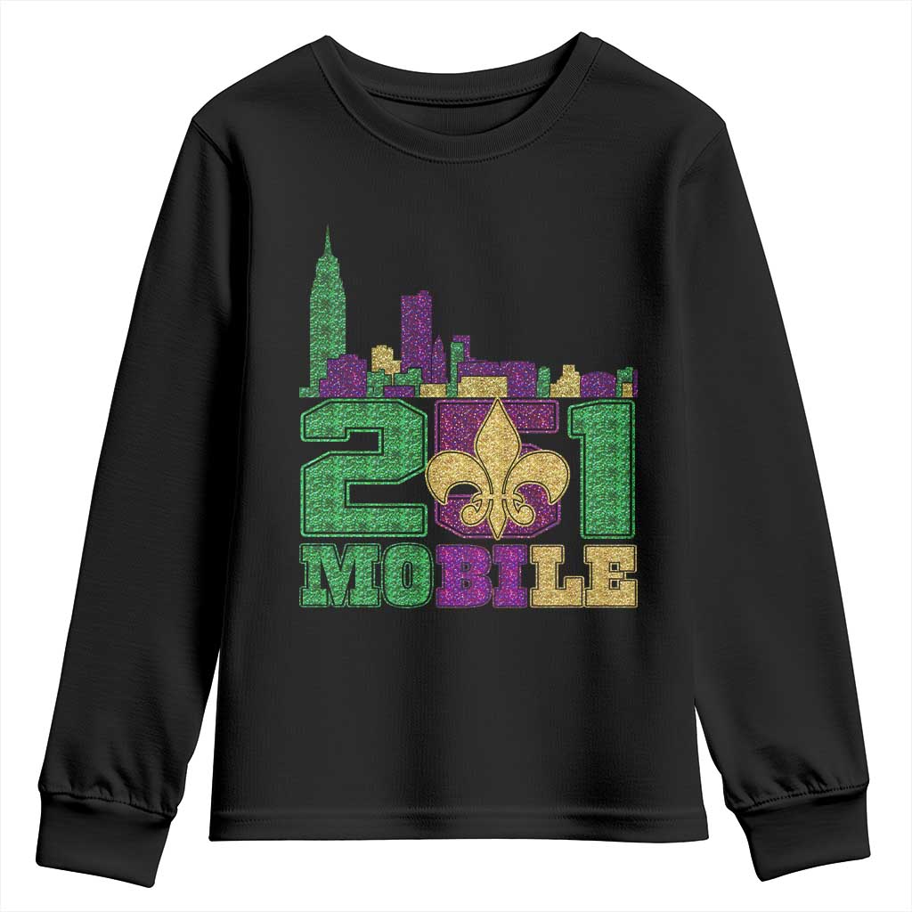 Funny Mardi Gras Mobile Alabama 251 Youth Sweatshirt Skyline Area Code Glitter Print TS11 Black Print Your Wear