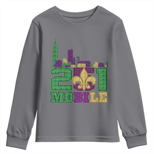 Funny Mardi Gras Mobile Alabama 251 Youth Sweatshirt Skyline Area Code Glitter Print TS11 Charcoal Print Your Wear