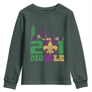 Funny Mardi Gras Mobile Alabama 251 Youth Sweatshirt Skyline Area Code Glitter Print TS11 Dark Forest Green Print Your Wear