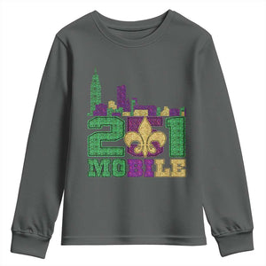 Funny Mardi Gras Mobile Alabama 251 Youth Sweatshirt Skyline Area Code Glitter Print TS11 Dark Heather Print Your Wear