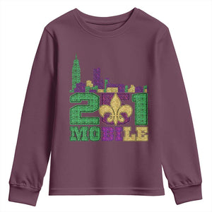 Funny Mardi Gras Mobile Alabama 251 Youth Sweatshirt Skyline Area Code Glitter Print TS11 Maroon Print Your Wear