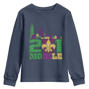 Funny Mardi Gras Mobile Alabama 251 Youth Sweatshirt Skyline Area Code Glitter Print TS11 Navy Print Your Wear