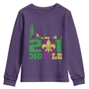 Funny Mardi Gras Mobile Alabama 251 Youth Sweatshirt Skyline Area Code Glitter Print TS11 Purple Print Your Wear