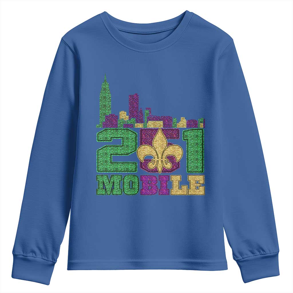 Funny Mardi Gras Mobile Alabama 251 Youth Sweatshirt Skyline Area Code Glitter Print TS11 Royal Blue Print Your Wear