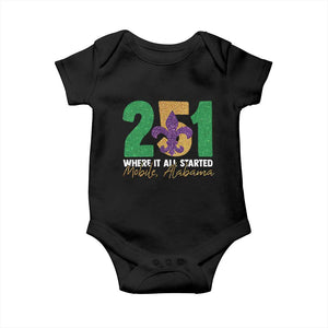 Funny Mardi Gras Mobile Alabama 251 Baby Onesie Where It All Started Area Code Glitter Print TS11 Black Print Your Wear