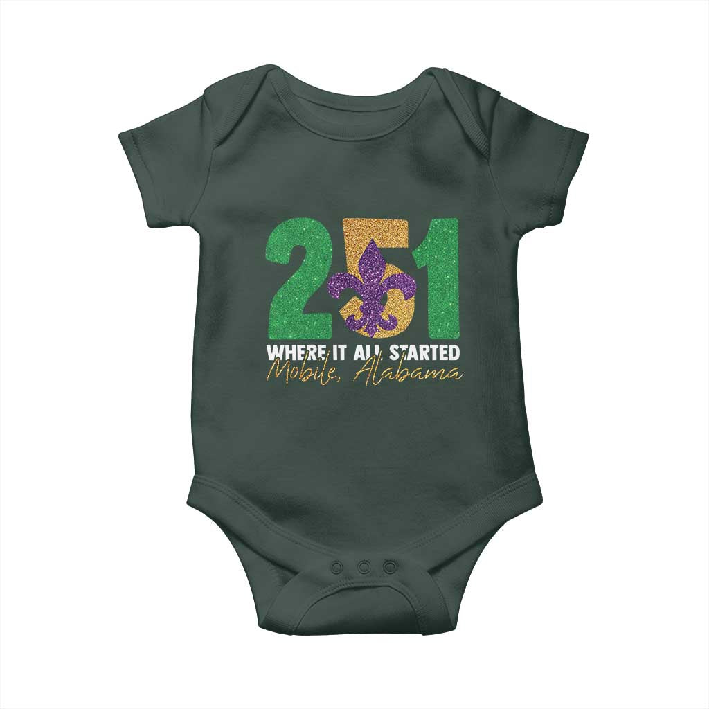 Funny Mardi Gras Mobile Alabama 251 Baby Onesie Where It All Started Area Code Glitter Print TS11 Print Your Wear