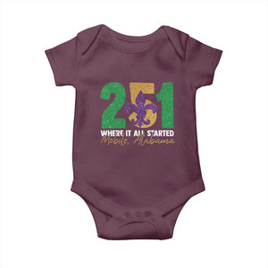 Funny Mardi Gras Mobile Alabama 251 Baby Onesie Where It All Started Area Code Glitter Print TS11 Maroon Print Your Wear