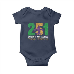 Funny Mardi Gras Mobile Alabama 251 Baby Onesie Where It All Started Area Code Glitter Print TS11 Navy Print Your Wear