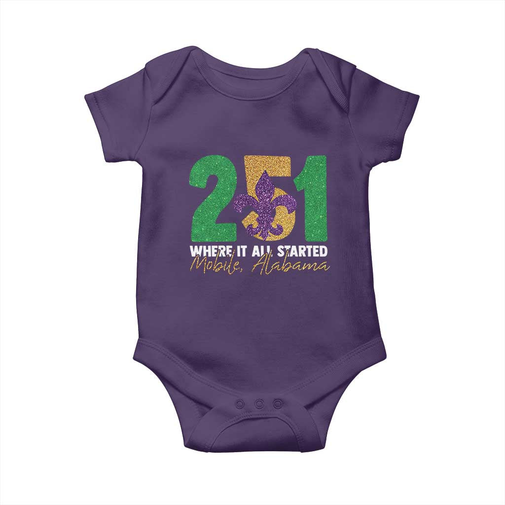 Funny Mardi Gras Mobile Alabama 251 Baby Onesie Where It All Started Area Code Glitter Print TS11 Purple Print Your Wear